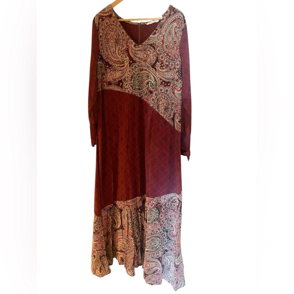 Soft Surroundings Aideen Maroon Mixed Print Long Sleeve‎ Maxi Dress Size Large